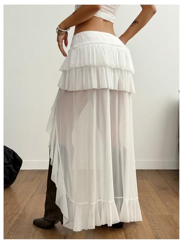 Verdusa Women's Boho Western Sheer Mesh Layered Ruffle Asymmetrical Maxi Skirts2