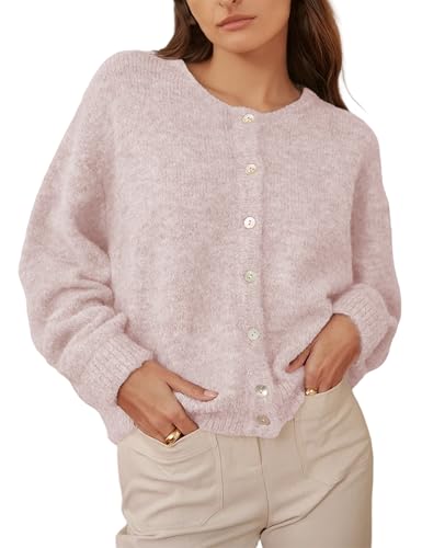 Image of Ynhonra Womens Cardigan Sweater Front Button Loose Y2k Long Sleeve Crewneck | Lightweight Knit Ribbed Hem