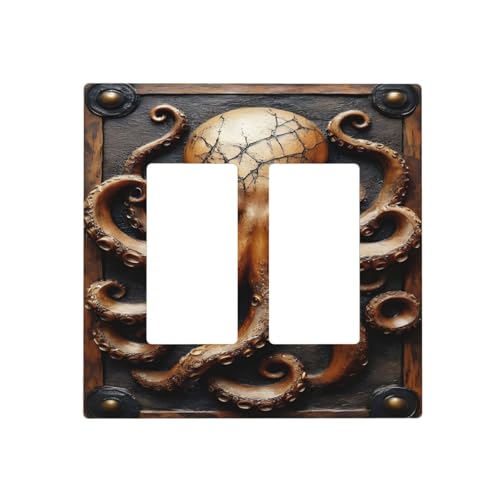 Decorative Outlet Covers Vintage Octopus 2 Gang Wall Plate Double Rocker Two Switch Wall Cover Plate Jumbo Dual Gfci Faceplate for Bedroom Home Decor