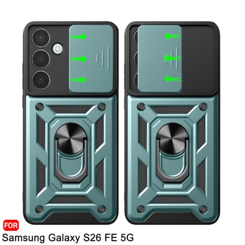 Image of TheGiftKart Tough Armor Bumper Back Cover Case for Samsung Galaxy S26 FE 5G | Sliding Camera Cover, KickStand & Ring Holder | 360 Degree Protection Back Cover Case for Samsung S26 FE (PC & TPU, Green)