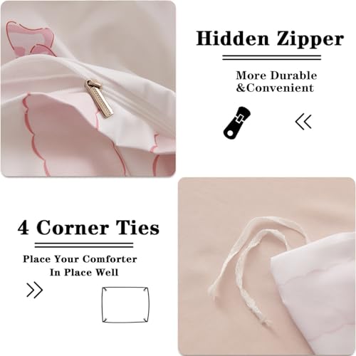 Image of Bow Duvet Cover King Size White Pink Bows Striped Reversible Bedding Set Kids Girls Bowknot Stripes Soft Breathable Microfiber Comforter Cover Set with Zipper Closure and 2 Pillowcases