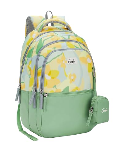 Genie Sunflora School Backpack For Girls |17 Inch-27 Litres With Three Compartments, Light Weight with Padded Shoulders |Best for Books, Water Bottles, Stationery, Lunch Box & Essentials - Ash Green