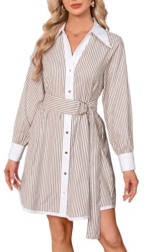 Image of YEXPINE Womens Striped Shirt Dress Long Sleeve Button Down V Neck Mini Tunic Dress Belted Workwear Dresses with Pockets
