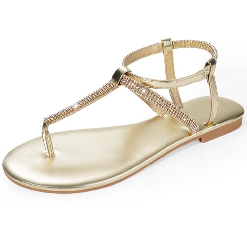 Harvest Land Women's Sandals Dressy T Strap with Rhinestone Sparkly Wedding Flat Sandals Ankle Strap Summer Gladiator Fashion Shoes