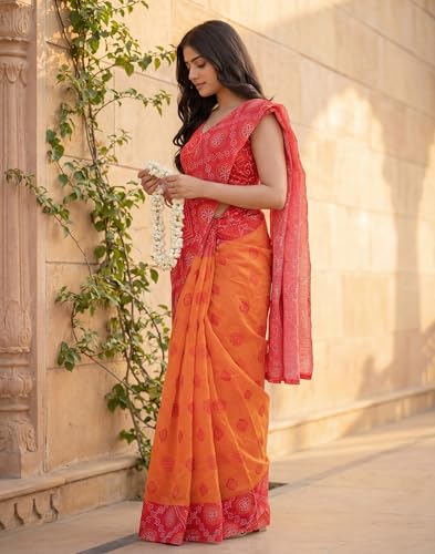 Image of SIRIL Women's Cotton Linen Printed, Zari Border One Minute Ready To Wear Saree With Unstitched Blouse Piece