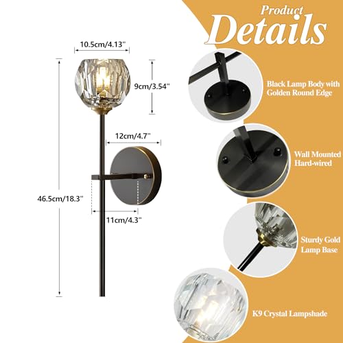 Image of BOKT Postmodern K9 Crystal Wall Lamp Simple Modern Creative Wall Sconces Black Finish Plus Long Diamond Wall Lighting Fixtures for Living Room Dining Room Corridor Bedroom (1Pack)