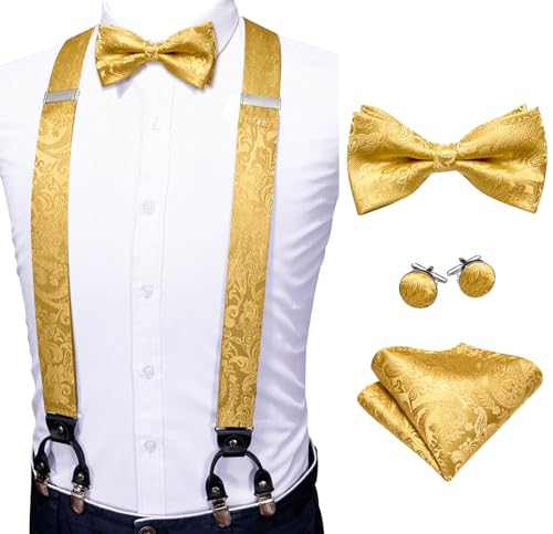 Image of YOHOWA Men Suspenders 6 Clips Strength Adjustable Y Braces Pre-Tied Bow Tie Set Formal Wedding Party