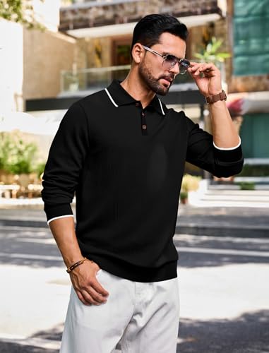 Angbater Men’s Casual Polo Shirt Long Sleeve Textured Button Collared Polo Knit Stretchy Golf Pullover Sweaters2