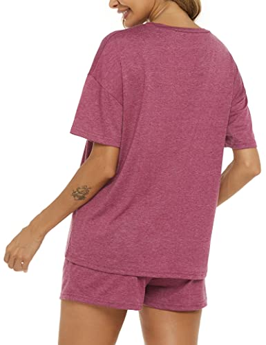Image of LOCUBE Women's Pajama Set Soft Comfy 2-Piece Short Sleeve Lounge Sleepwear with Drawstring Shorts and Pockets