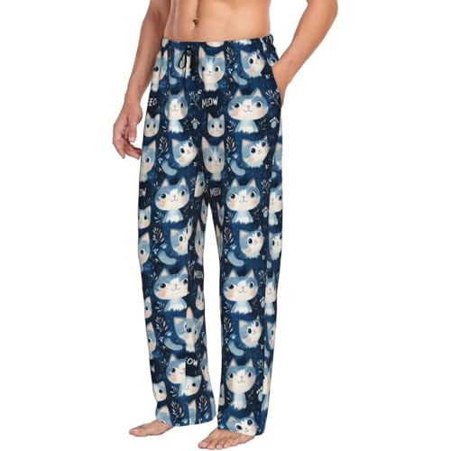 Mens Pajama Pants - Cute Blue Cat Print Soft Sleep Lounge Pants For Men, Casual Pj Bottoms With Pockets