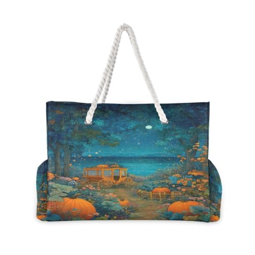 Large Beach Bags Totes Canvas Tote Shoulder Bag Pumpkin Carriage Lake Water Resistant Bags for Gym Travel Daily2