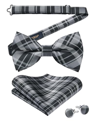 Image of HISDERN Mens Plaid Bow Tie Set Pocket Square and Cufflinks Bowtie | Pretied Bowties Design for Easy Wear,Check Pattern,Matching Handkerchief Cuff Link,3PCS Set Wedding Formal Party Groom Prom