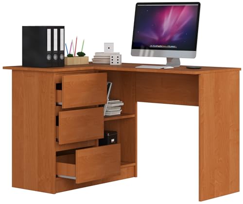 BDW Eckschreibtisch Links, 3 Schubladen und 2 Regale, Schreibtisch mit Regalen, viel Platz zum Entfalten, für Jugendzimmer, Büros und Ateliers, Arbeitstisch, Bürotisch 124x77x85 cm, Erle