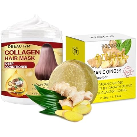 Collagen Hair Mask for Damaged Hair& Ginger Hair Regrowth Shampoo Bar,Natural Hydrating Hair Mask Repair Deep Conditioner for Dry Hair,Hair Mask Shampoo Bar Gift Set,Ginger Soap for Hair Growth Cover