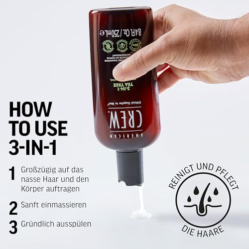 Foto von AMERICAN CREW - 3-in-1 Tea Tree Shampoo, Conditioner & Body Wash, 450ml, Pflegeshampoo und Duschgel für Männer, Produkt für die tägliche Reinigung von Körper und Haar