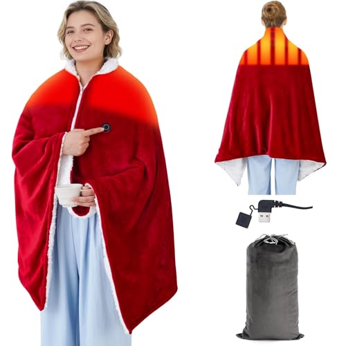 COVBOARD USB Heated Blanket for Keeping Warm, Cordless Wearable Throw with 3 Heat Levels, Battery Operated(No Power Bank Included) Shawl for Outdoor Use（red）