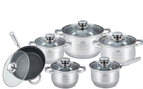 Batería de Cocina 12 Piezas Acero Inoxidable con Tapas de Vidrio, Sartén con Revestimiento de Mármol, Apta para Todo Tipo de Cocinas