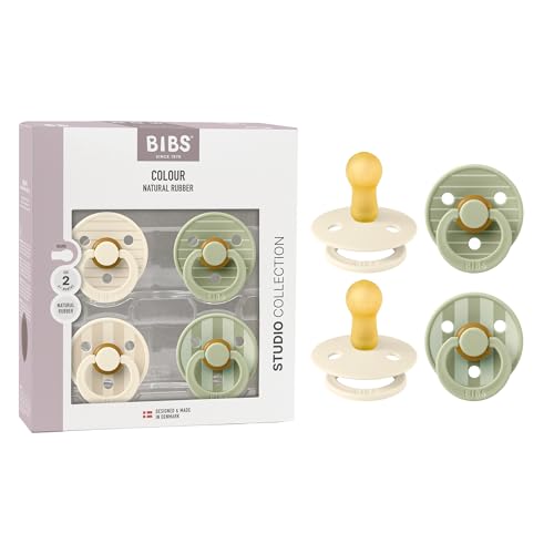 Image of BIBS Studio Pacifier 4-Pack, BPA Free Pacifiers, Round Nipple. Natural Rubber Latex, Made in Denmark, Size 2 (6-18 Months), Ivory/Sage