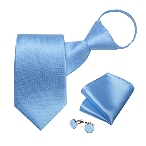 Image of DiBanGu Silk Zipper Ties for Men,Paisley Solid Plaid Pre-tied Tie and Pocket Square Cufflinks Set Formal Adjustable Necktie