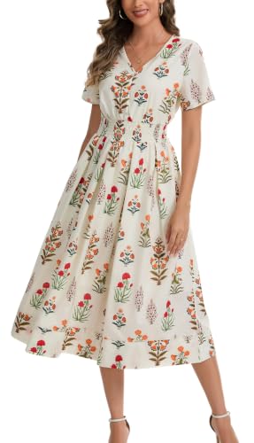 Image of Kormei Women Casual Boho V Neck 3 /4 Sleeve Smocked Waist A Line Flowy Swing Midi Dress Smocked Long Dress