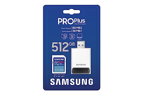 Samsung PRO Plus SD-Karte, 512 GB, UHS-I U3, Full HD & 4K UHD, 180 MB/s Lesen, 130 MB/s Schreiben, Speicherkarte f&uuml;r Kameras und Drohnen, Inkl. USB-Kartenleser, MB-SD512SB/WW