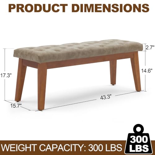 Image of 43.5 inch Button Tufted Faux Leather End of Bed Entryway Bench, Light Taupe | Padded upholstered bench with solid wood legs, ideal for entryway, dining room, bedroom, vanity area, or living room.