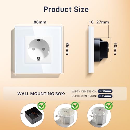 BSEED Schuko Steckdose 1 Fach KristallGlas Platte Unterputz 16Amp 86mm Wei&szlig; Verl&auml;ngerungssteckdosen Wandsteckdose