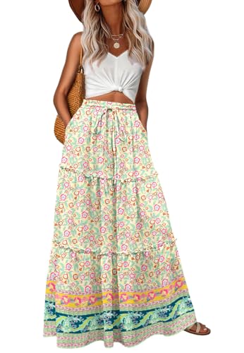 Image of Lepunuo Womens Casual Boho High Waisted Flowy Maxi Skirts Tiered Floral Long Skirts with Pockets for Summer Beach Vacation