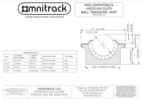 M15K Omnitrack Push Fit Medium Duty Ball Transfer Unit 5/8'' Ball with AISI52100 Chrome Steel Balls