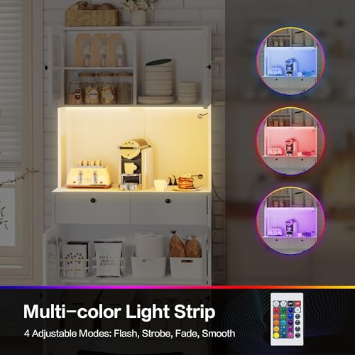 Image of 72 inch Black Kitchen Pantry Cabinet with Lights and Charging Station, Tall Hutch Storage Cabinet Coffee Bar Cabinet with Microwave Shelf for Dining Room