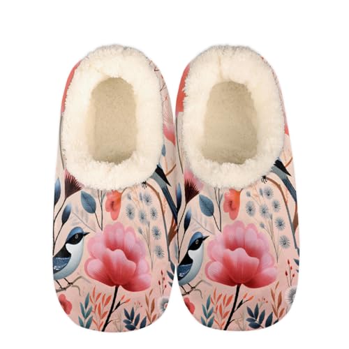 Cute Birds Pink Flowers Slippers for Women Slipper Socks Soft Fuzzy House Slippers Shoes for Indoor Bedroom, Winter Cozy Christmas Gifts
