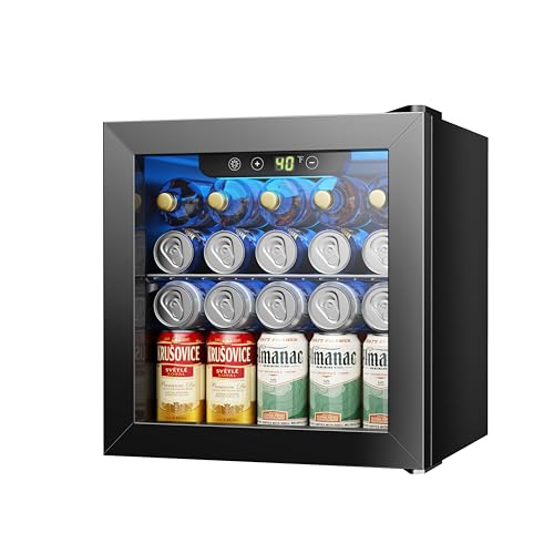 Image of Icyglee 48 Can Beverage Refrigerator Cooler, Mini Fridge Glass Door with Adjustable Shelves, Freestanding Beverage Fridge with Blue LED for Home /Office /Dorm /Bar, 1.3 Cu.ft