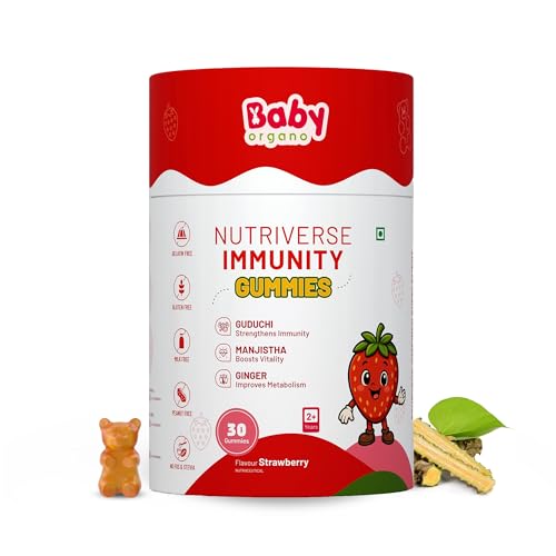 Image of BabyOrgano Nutriverse Immunity Gummies for Kids (2-15 Years) | 4+ Ayurveda-Inspired Herbs | Boosts Stamina, Energy & Vitality | Gelatin-Free, Gluten-Free, Soy-Free | Strawberry Flavor | 30 Gummies