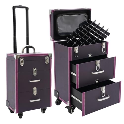 Large Capacity Rolling Cosmetic Case, Travel Trolley Case Mobile Storage Box, Multifunctional Makeup Train Case, Portable Tool Organizer with Lock and Universal Wheels for Beauty Salon Nail (Purple)