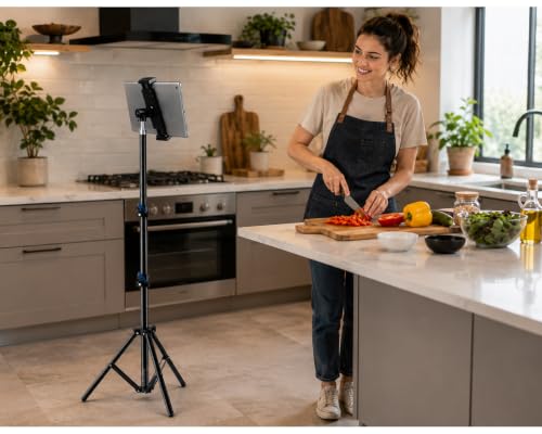 Image of BROLAVIYA Tablet Tripod Floor Stand, Adjustable up to 75 inch, Fits 4.7 inch-12.9 inch Phones & Tablets, Compatible with iPad Pro /Air /Mini, Galaxy Tab, for Live Streaming, Office, Cooking & Fitness