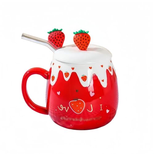 大容量マグカップ 450ml | 耐冷耐熱セラミック・大口径&持ちやすいハンドル | コーヒー/紅茶/ミルク/ジュース対応・家庭用/オフィス用/アウトドアにも適 (レッドいちご-蓋付き+スプーン+ストロー)