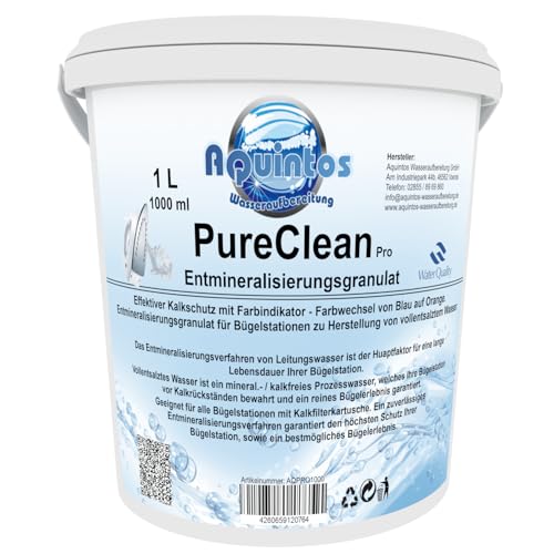 Entmineralisierungsgranulat für Dampfbügelstationen Aquintos Wasseraufbereitung PureCleanPro mit Farbindikator von Blau auf Orange - Alternative zu Laurastar, Aarke (1 Liter), Neutral