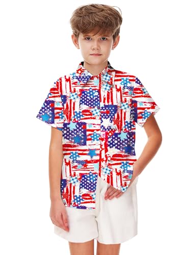Image of Remimi Unisex Kids 4th of July Button Up Shirt Boys American Flag Print Hawaiian Beach Short Sleeve Tops 5-14 Years