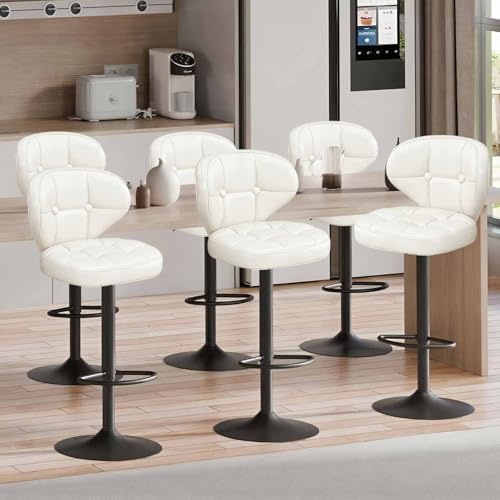 Image of Modern Bar Stools Set of 6, Adjustable Swivel Upholstered Full-Back Counter Height Bar Chairs for Kitchen Island, Dining Room, Bar White