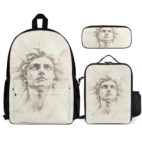 Greek God Helios Backpack 3 Set with Lunch Bag Insulated Shoulder Meal Tote Bags Pencil Case Box Casual Daypack