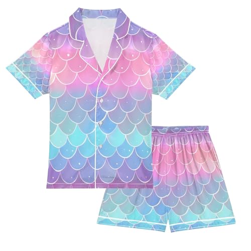senya Fish Scales Rainbow Satin Summer Pajama Sets Silk Short Sleeve Button Down Sleepwear