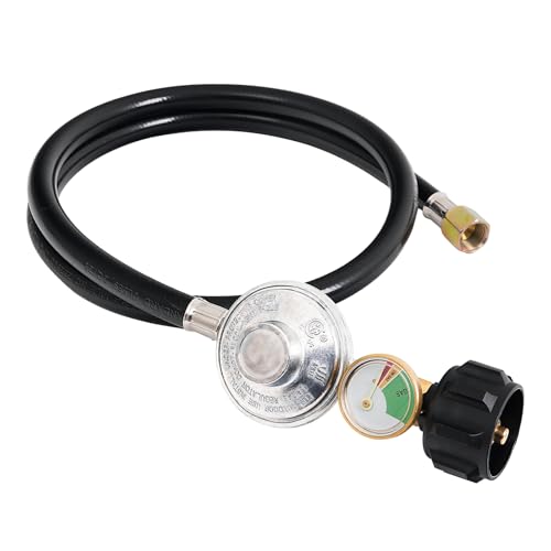 SHINESTAR 3.5FT Propane Regulator with Hose and Gauge Universal Gas Grill Regulator and Hose Replacement Part for Blackstone 28/36 Griddle Weber/Charbroil/Nexgrill Grill Patio Heater and Fire Pit
