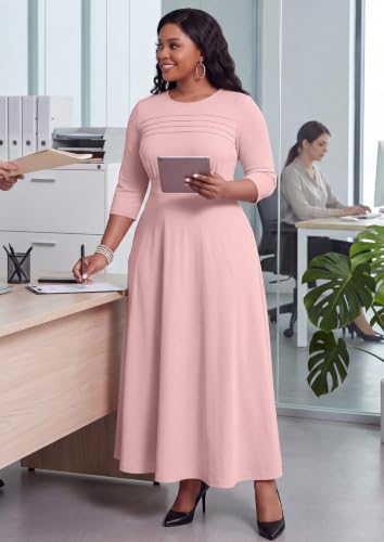 Image of FANDEE Fit-and-Flare Maxi Dress Round Neck Pleated Front Side Pockets | Front pleats soft flatter your bust shape; Empire Waist lengthen your figure; 3 /4 sleeves round neck suit for many occasions