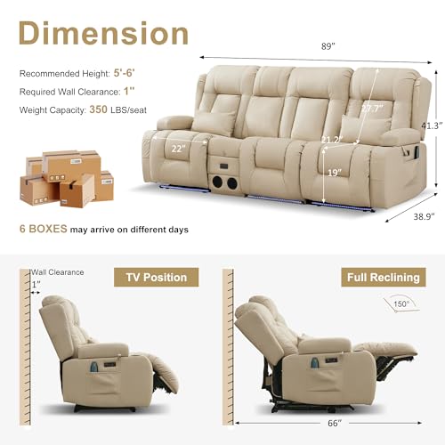 Image of URRED Power Loveseat Recliner Sofa with Massage and Heat, Wall Hugger Reclining Loveseat with Console, RV Couch Home Theater Seating with LED Lights for Living Room (Beige, 89.8 inch - 3 Seats)