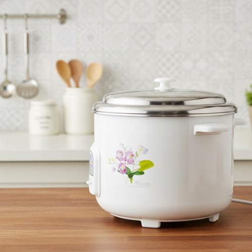 Image of easy Electric Rice Cooker (2.8L) with Tadka Pan & 2 Stainless Steel Pots - 1000W Automatic Cook, Steam & Warm - Floral Design - Ideal for Rice, Biryani, Dal Tempering & Steaming