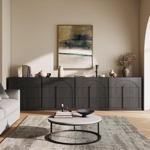 Image of BELLEZE Sideboard Cabinet with 3 Drawers, Set of 4 Modern Wood Buffet Cabinet with Arc Design, Large Fluted Sideboard with Storage for Kitchen Living Room Entryway, Ebony