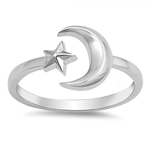Open Crescent Moon Star Adjustable Ring New .925 Sterling Silver Band Size 6