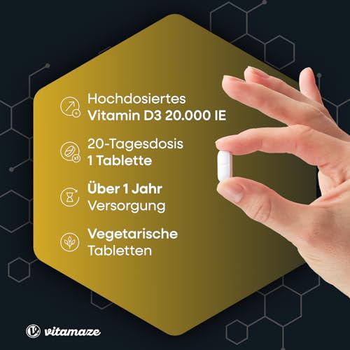Vitamin D3 hochdosiert 20000 IE pro Tablette (20-Tage Dosis), 180 vegetarische Tabletten (teilbar), Natürliche Nahrungsergänzung ohne Zusatzstoffe, Made in Germany