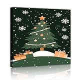 クリスマスキャンバスプリントスノーフレーククリスマスツリーウォールアートクリビングルームオフィスベッドルーム壁装飾グリーン45x45cmインナーフレーム