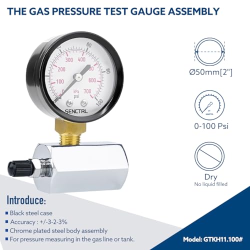 senctrl 0-100 psi gas pressure test gauge 234 dial size 3434 fnpt connection brass valve chrome plated steel body assembly